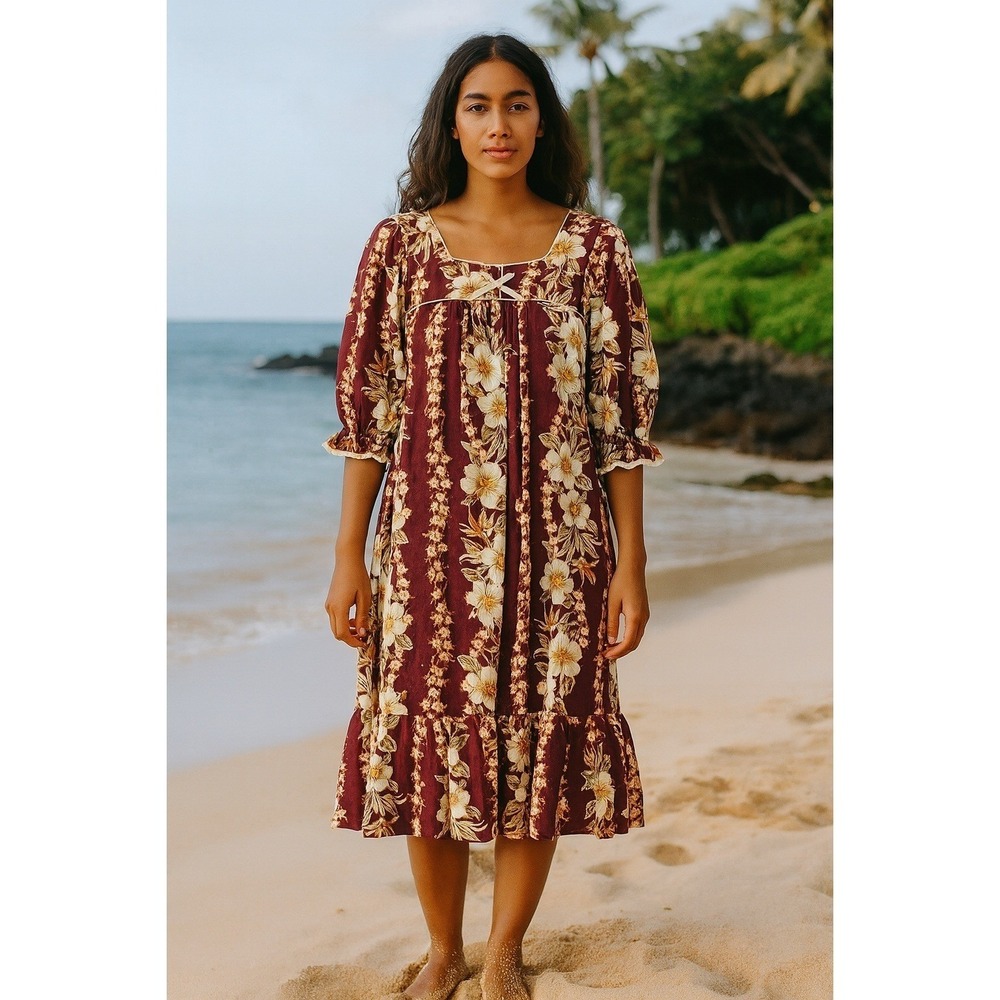 T&L Muumuu Factory Hawaiian Hibiscus Midi Dress Large Purple Orange Resort Aloha